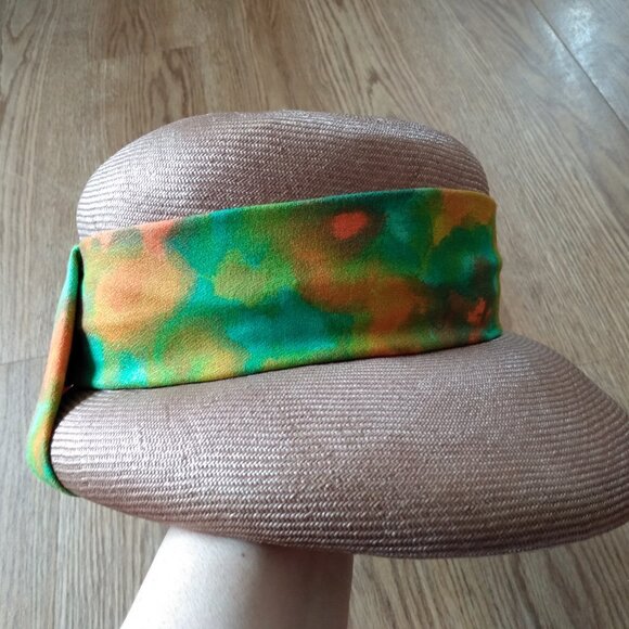 Vintage Taupe Straw Hat Tropical Orange Green Sash Sunhat Front Brim Rockabilly - Picture 12 of 12